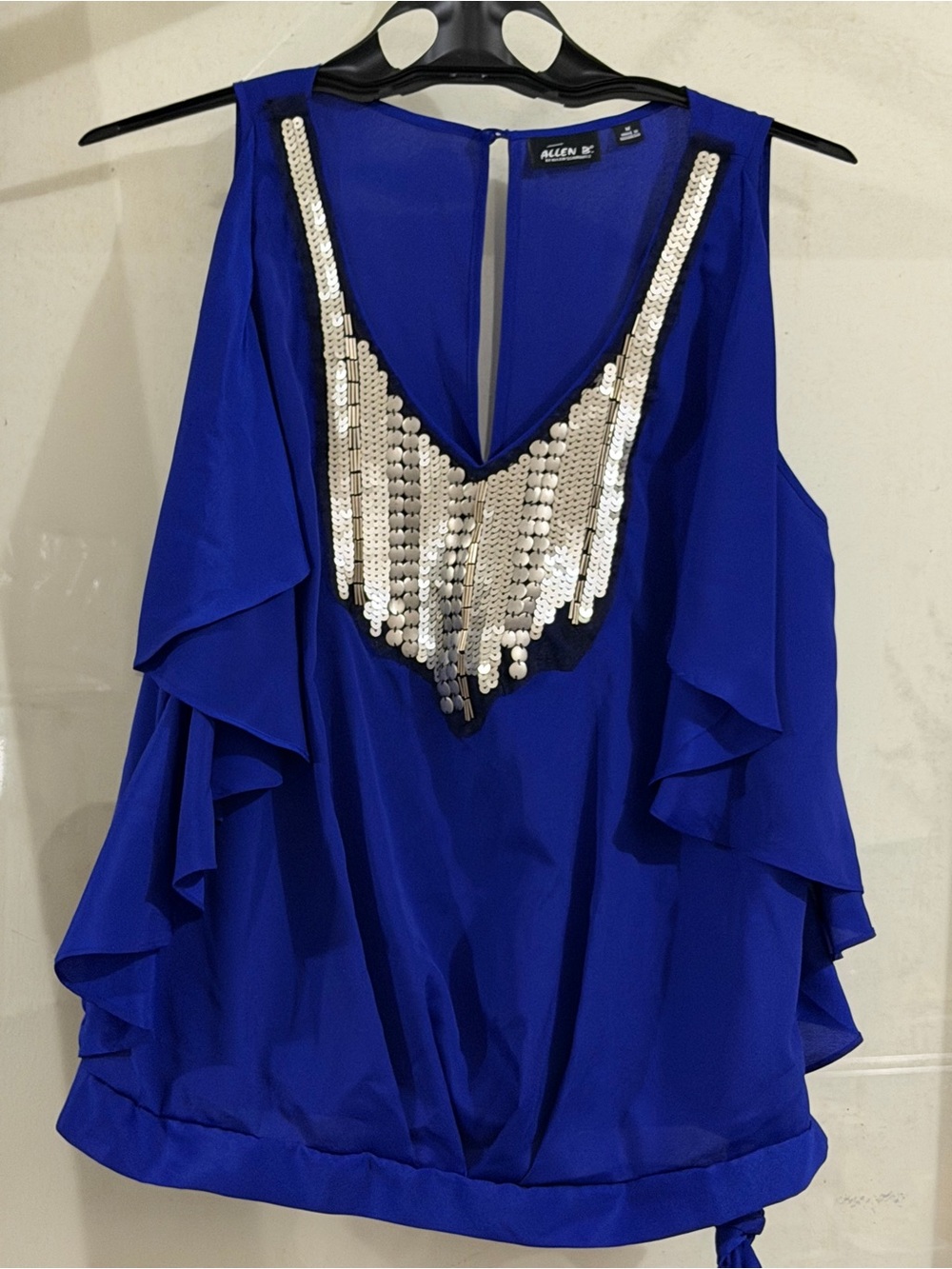 Allen B. By Allen Schwartz Royal Blue Sequin V-Neck Ruffle Sleeve Camisole